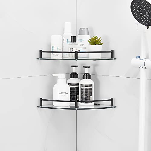 Glass Shower Corner Shelves 2 Pack - Floating Bathroom Shelves Tempered Glass Shelf with Rails SUS 304 Stainless Steel Wall Mounted Organizer, 24cmx24cm 6mm, Black