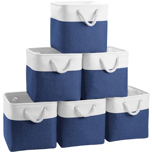 FinishingBo 11 inch Cube Storage Bin with Handles 6 Pack | Foldable Basket, Fabric Storage Bins, Closet Storage, Home Organizer (White/Navy Blue) - color: White/Navy Blue-6 Pack