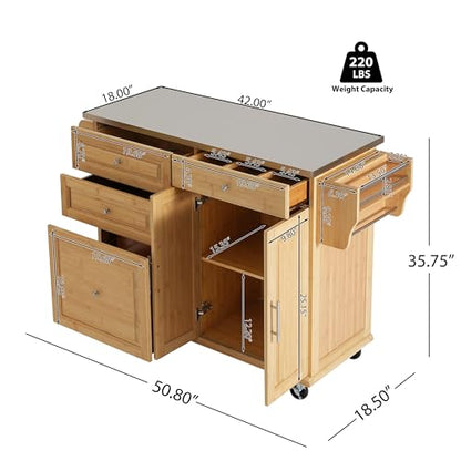 Christopher Knight Home Tredy Bamboo Rolling Cart with Drawers, Kitchen Bar Cart on Wheels with Stainless Steel Top, Rolling Kitchen Cart Storage Cabinet, Serving Cart, 50.8'' x 18.5'', Natural - size: Medium