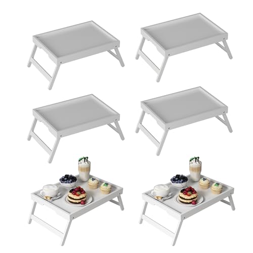 Youpehom Bamboo Bed Tray Tables with Folding Legs, Handles, 6-Pack, White | Set of 6 bamboo bed trays with folding legs and carry handles for meals, laptops, reading and everyday serving. - color: White