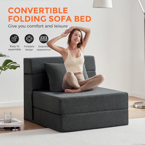 Folding Sofa Bed - Convertible Sleeper Chair with Pillow, Folding Chair Bed, Foam Floor Mattress, Futon Couch, Lazy Sofa for Living Room/Dorm/Guest Room/Home Office,Single，Gray