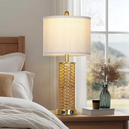 CINSARY 27" Natural Rattan Table Lamps Set of 2, Boho Bedside Lamp for Bedroom with Night Light, Woven Wicker Nightstand Lamps with 2 USB Ports & AC Outlet, Tall Farmhouse Living Room Lamp, Gold - color: Rattan and Gold