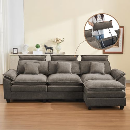 103'' Cloud Modern 3 Seater Couch with Detachable Headrest, Modular Sectional Sofa with Ottomant, Oversized L Shape Chenille Comfy Sofa with Armrests for Living Room, Brown - color: Brown, size: L Shaped Couch