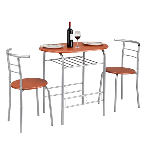 VINGLI 3 Piece Dining Set, Small Kitchen Table Set for 2, Breakfast Table Set, Kitchen Wooden Table with 2 Chairs for Small Space/Dining Room/Apartment, Metal Frame, Wine Rack, Russet - color: Russet