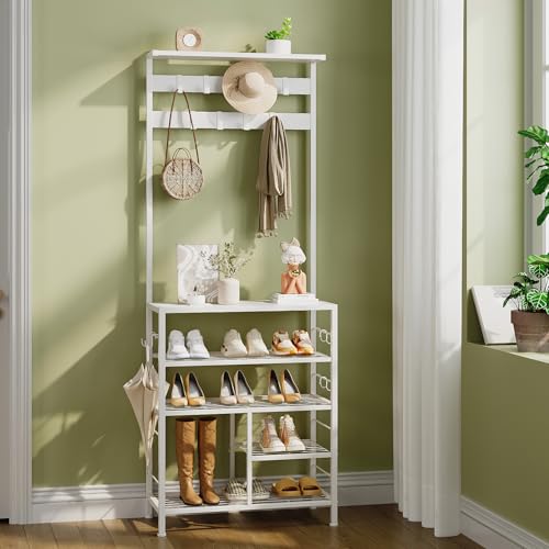 GiftGo Modern White Large 5-Tier Hall Tree Entryway Wooden Shoes Rack Shelf Coat Rack with Movable 9 Metal Hooks Storage Organizer for Home Office Bedroom Mudroom Living Room - color: White