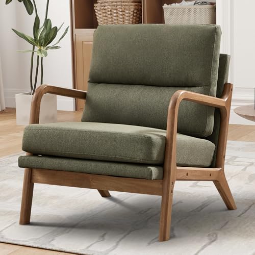 IOMOR Mid Century Modern Accent Chair, Linen Fabric Upholstered Lounge Arm Chair with Solid Wood Frame and Soft Cushion for Living Room, Bedroom, Balcony (1, Green) - color: Linen Green