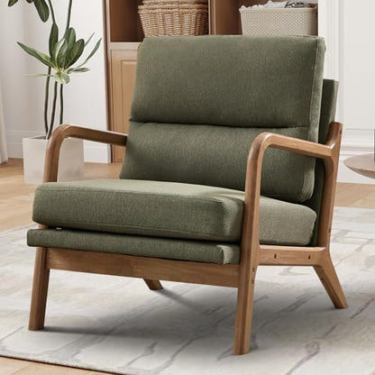 IOMOR Mid Century Modern Accent Chair, Linen Fabric Upholstered Lounge Arm Chair with Solid Wood Frame and Soft Cushion for Living Room, Bedroom, Balcony (1, Green) - color: Linen Green