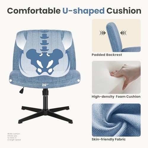 DUMOS Criss Cross Chair No Wheels Legged Office Wide Comfy Desk Vanity Chair, Armless Computer Task Seating, Swivel Home Height Adjustable for Bedroom, Study, Fabric, Blue No Wheel - color: Blue No Wheel