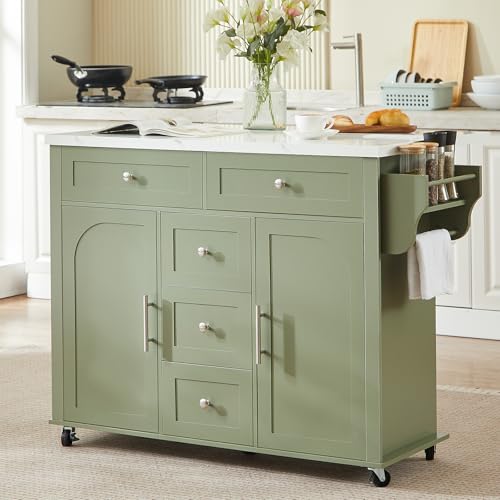 47" Kitchen Island with 2 Storage Cabinets & 5 Drawers, Green | Mobile Island Table for Kitchen with Imitation Marble Drop Leaf, Rolling Island Cart with Power Outlet, Spice Rack - color: Green