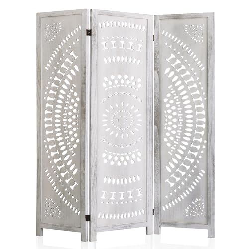 WelFurGeer Handcrafted Carved Wooden Room Divider Screen, Folding Privacy Screen for Room Separation, Decorative Room Dividers, 360° Adjustable Folding Panels for Privacy, Home, Office & Patio - color: White, size: 3 Panels