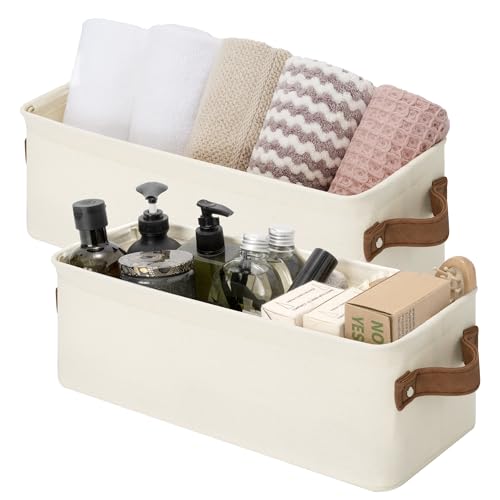 StorageWorks Narrow Storage Bins, Small Basket for Closet and Shelves, Fabric Organizer with Handles, Toilet Paper Storage, Natural Color, 2-Pack - color: Natural Color, size: 15"L x 6"W x 5"H