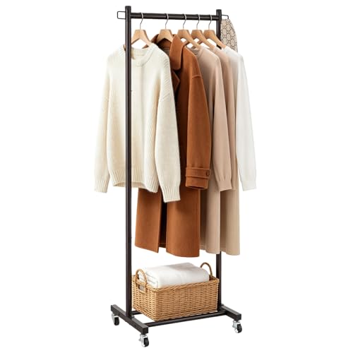 LiaMeE 63 Inch Tall Clothes Rack with Wheels, Heavy Duty Metal Garment Rack with Shoe Shelf, Rolling Clothing Rack Holds 110lbs, Small Space Wardrobe Rack for Bedroom Laundry, Black
