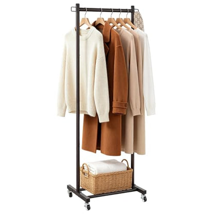 LiaMeE 63 Inch Tall Clothes Rack with Wheels, Heavy Duty Metal Garment Rack with Shoe Shelf, Rolling Clothing Rack Holds 110lbs, Small Space Wardrobe Rack for Bedroom Laundry, Black