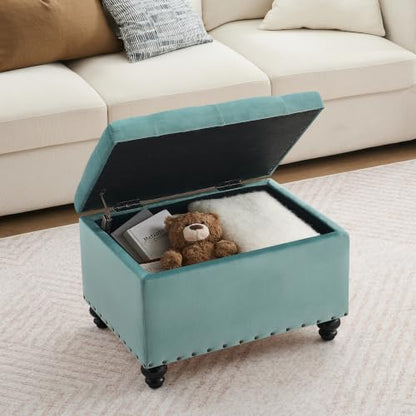 Zihanhome Velvet Storage Ottoman Bench, Button Tufted Ottoman with Hidden Storage, Upholstered Foot Rest Stool with Solid Wood Legs for Living Room, Bedroom, Entryway & Small Spaces (Mint Blue) - color: Velvet-mint Blue