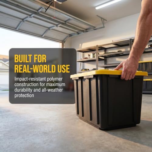4 Pack 17 Gallon Stackable Storage Bins with Lockable Lids, Black & Yellow | Heavy-duty plastic, stackable & nestable, lock-compatible lid, garage/home/office/moving use, 26.3"x17.8"x12.3" each