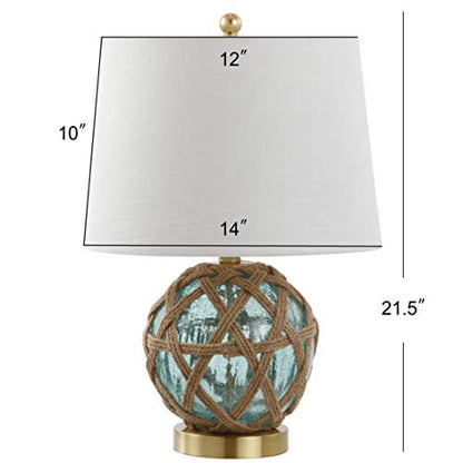 JONATHAN Y Andrews Table Lamp 21.5" Nautical Glass and Rope, Brown/Aqua | Coastal Transitional Bedside Light, White Linen Drum Shade, Brass Gold Metal Base, Rotary Switch, LED Bulb Included