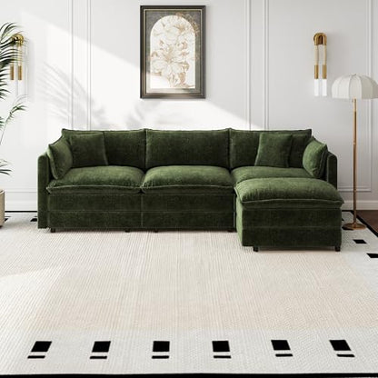 Aoowow Modular Sectional Sofa Modern Convertible L Shaped Couch,112.2 Inch Deep 3-Seater Sofas Set Comfy Chenille Cloud Sofas and Couches with Movable Ottoman for Living Room Apartment（Green） - color: Green-new, size: 3 Seat + Ottoman