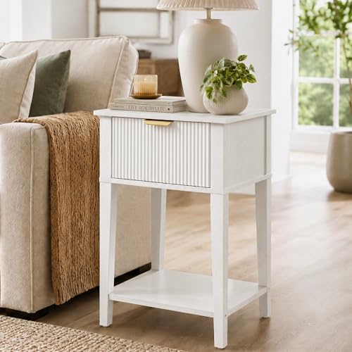 White 15.4" Wide Small Nightstand with Drawer,Open Shelf,Fluted Front | Bright white tone, ribbed fluted front, 11.8-inch slim depth, concealed storage, clean fit for bed, sofa side, or chair side - color: White