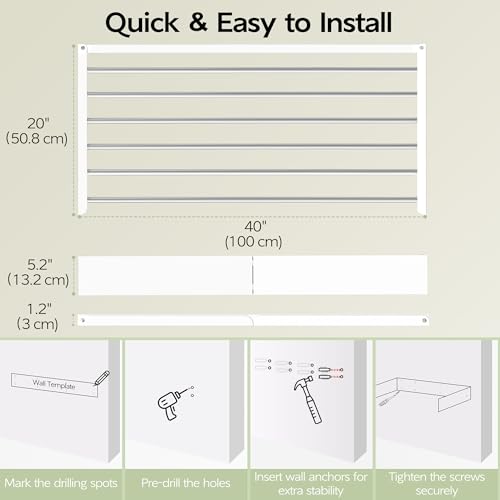 Vikaqi Wall Mounted Clothes Drying Rack 40 inches, Foldable Wall Mount Laundry Rack Folding Indoor, Drying Rack Clothing Collapsible, Hidden Space Saver with Wall Template, 6 Rods, White - color: White, size: 40" Wide