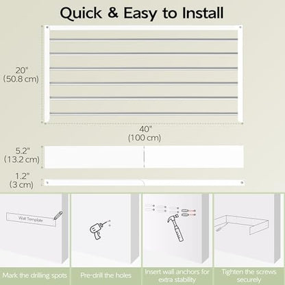 Vikaqi Wall Mounted Clothes Drying Rack 40 inches, Foldable Wall Mount Laundry Rack Folding Indoor, Drying Rack Clothing Collapsible, Hidden Space Saver with Wall Template, 6 Rods, White - color: White, size: 40" Wide