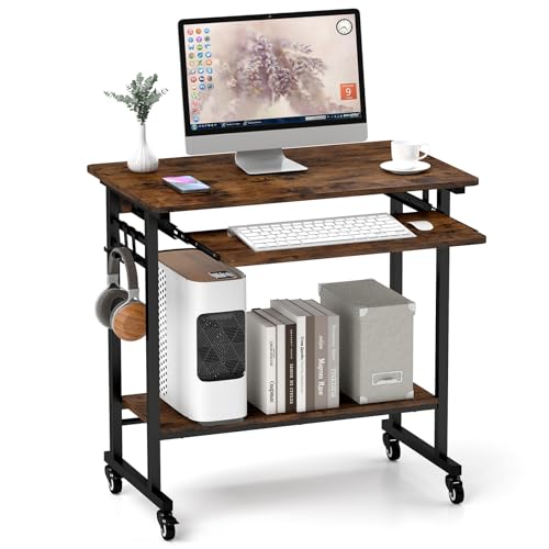 Tangkula Rolling Computer Desk Cart with Keyboard Tray, Mobile Portable Laptop PC Desk with CPU Stand & 3 Hooks for Sofa & Bed, Industrial Small Desk on Wheels for Small Spaces, Home Office Desk - color: Rustic Brown