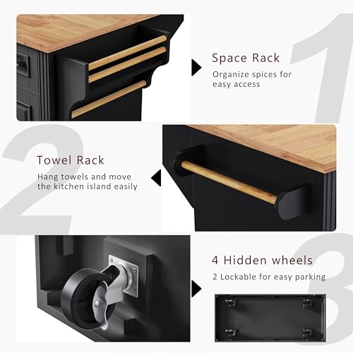 54inch Large Kitchen Island With Rubber Wood Drop Leaf,Embossed Texture Rolling Kitchen Cart On 4 Wheels With 4 Doors And 3 Drawers,Kitchen Island With Storage For Kitchen,Dining Room (Black-0t) - color: Black-0t)