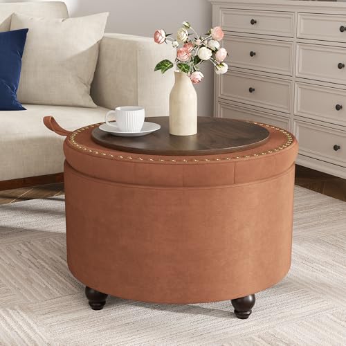24 Inch Round Storage Ottoman,Modern Tufted Ottomans,Circular Coffee Table with Removable Top,Upholstered Large Ottoman with Storage Footrest Stool for Bedroom Living Room (Orange) - color: Orange, size: 24"D x 24"W x 16.9"H