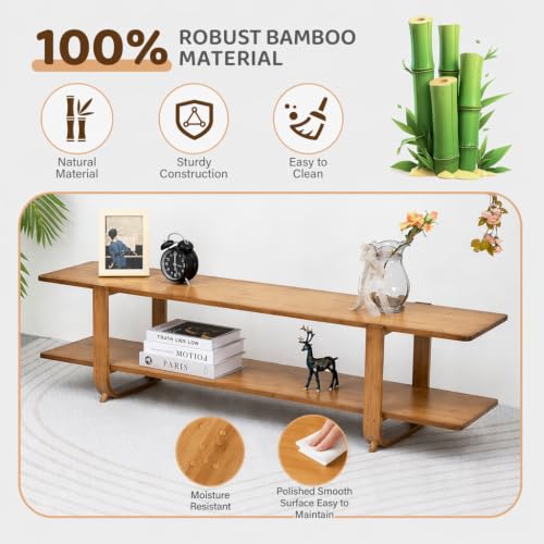 HollyHOME Bamboo TV Stand with Storage for TVs up to 65'', Modern Entertainment Center with 2 Open Shelf, Accent TV Media Console Table for Living Room, Bedroom, 55"(L), Walnut - color: Walnut