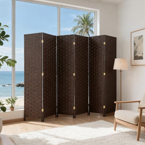 FDW Room Divider Wood Screen 6 Panel Folding Portable Partition Screens Wooden Mesh Woven Design for Home Office (Dark Brown) - color: Dark Brown, size: 6 Panel