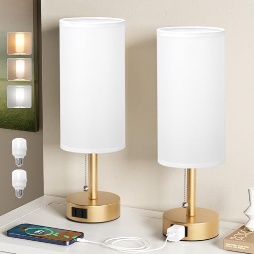 Gold Bedside Table Lamps Set of 2 - Bedroom Lamp for Desk, AC Outlet | 3CCT(3000K/4000K/5000K), LED Bulbs Included, White Fabric Lampshade, 14in Small Lamp for Nightstand, Guest Room, Living Room - color: Gold, size: 14.0in