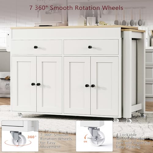 Kitchen Island, Extendable Dining Table with Storage | Extendable dining table, expands from prep station to dining table, seats up to 2 extra guests, saves space when closed - color: White