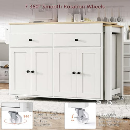 Kitchen Island, Extendable Dining Table with Storage | Extendable dining table, expands from prep station to dining table, seats up to 2 extra guests, saves space when closed - color: White