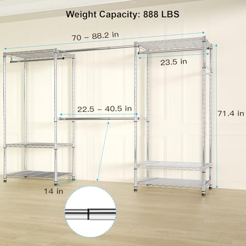 E1 Heavy Duty Closet Garment Rack, 6 Tiers Adjustable Clothing Storage | Metal Freestanding Expandable Clothes Rack with 4 Hanger Rods, Easy to Assemble Wardrobe, Chrome - color: Chrome