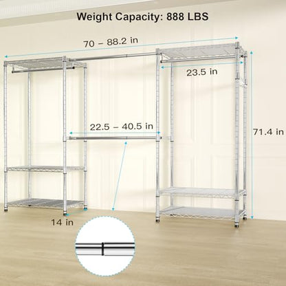 E1 Heavy Duty Closet Garment Rack, 6 Tiers Adjustable Clothing Storage | Metal Freestanding Expandable Clothes Rack with 4 Hanger Rods, Easy to Assemble Wardrobe, Chrome - color: Chrome