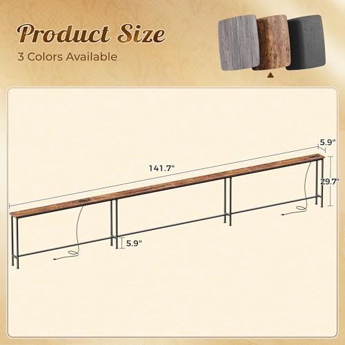 Huuger 141.7 Inch Sofa Table with Power Outlets, Skinny Behind Couch Table | 5.9 Inch Narrow Entryway Table, Extra-Long Console Table, Behind the Couch Table with Outlet for Living Room, Rustic Brown - color: Rustic Brown, size: 5.9"D × 141.7"W × 29.7"H