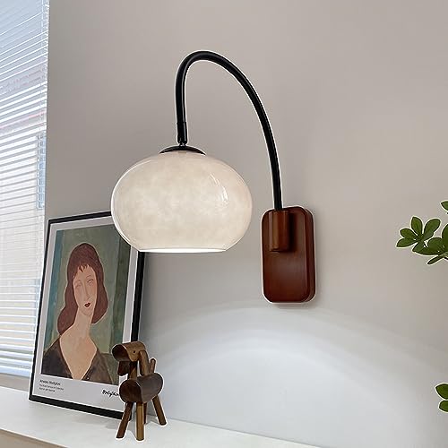 Modern Decoration Wall Sconce Mid Century with White Milk Glass Vintage Industrial Wood Wall Light Hardwired Smoke Grey Amber Farmhouse Reading Wall Lamp for Bedroom Living Room Bedside - color: White-plug Switch