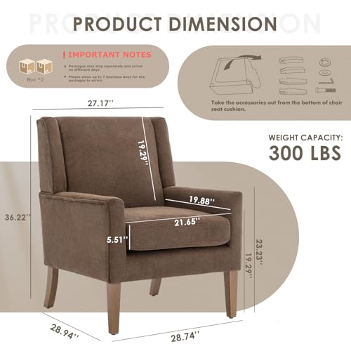 COLAMY Modern Wingback Living Room Chair Set of 2, Upholstered Fabric Accent Armchair, Single Sofa Chair with Lounge Seat and Wood Legs for Bedroom/Office/Reading Spaces, Brown - color: Brown, size: Set of 2