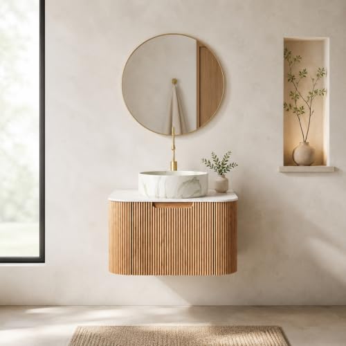 24" Floating Bathroom Vanity with Sink, Wall Mounted Plywood Cabinet, Natural Wood Grain Fluted Front, Sintered Stone Countertop, White Marble-Look Ceramic Vessel Sink, Soft-Close Drawer - color: Natural Oak Cabinet / White Marble Sink, size: 24 Inch