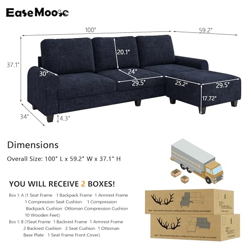 EASE MOOSE 100" Chenille L-Shaped Sectional Sofa with Ottoman, Navy Blue | Deep Seat, Pet-friendly, Removable Washable Cover, Pocket Spring Cushion, Easy Clean, Easy Assembly Couches for Living Room - color: Navy Blue, size: 100" L-Shape