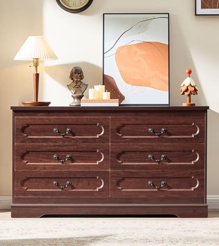 6 Drawer Dresser for Bedroom Cherry Bedroom Dresser 47.2" Wide Wood Cabinet | Farmhouse Wood Chest of Drawers , Modern Rustic Drawers Dressers Wooden Closet and Storage Cabinet, Hallway, Living Room - color: Cherry, size: 15.7"D x 47.2"W x 30.8"H (6 Drawe