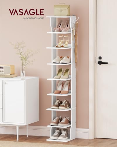 VASAGLE 9-Tier Vertical Shoe Rack, Narrow Shoe Storage Organizer with Hooks, Slim Corner Tower Shelf, Space-Saving for Entryway and Bedroom, White ULBS210WB01 - color: White, size: 9 Tiers(10.4"W)