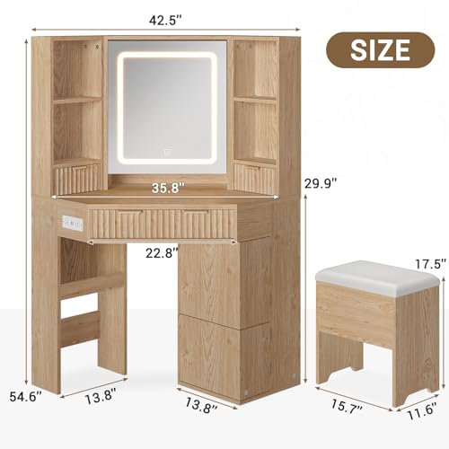 Corner Vanity Desk with Lights and Charging Station, Makeup Vanity with Lights, Vanity Set with Mirror and Storage Stool, Makeup Table with Drawers, Rotating Shelves (Natural Oak) - style: Natural Oak