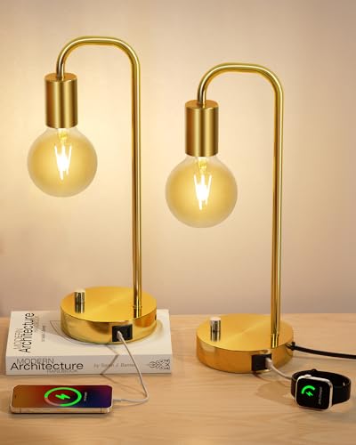 ONEWISH Industrial Table Lamp Set of 2 with USB A&C Charging Port, Stepless Dimmable Nightstand Bedside Lamps for Bedroom,Desk Lamps with 2700K Gold Gradient Bulb for Reading Living Room - color: USB Gold 2 packs, size: USB