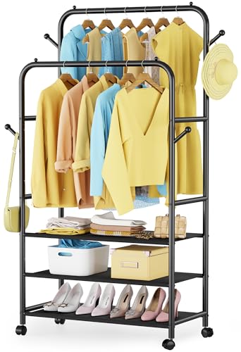 Furologee Clothes Racks for Hanging Clothes, Double Rods Clothing Rack with 3-Tier Storage Shelves, Rolling Garment Wardrobe with Wheels, Portable Free Standing Closet for Bedroom, Laundry Room, Black
