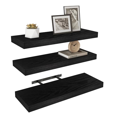 Vervida® Black Floating Wall Shelves 24in Deep Set of 3 Holds 37lbs | Bedroom Bathroom Kitchen, Holds 37 Lbs Each Invisible Brackets, Rustic Wood Easy Install, Home Decor Display Storage Shelves - color: Black, size: 24x7.9