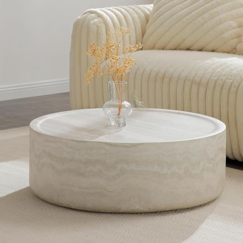 31.49" Round Coffee Table Faux Marble for Living Room, Travertine Stone Pattern Modern Drum Circle Round Center Table for Living Room, Apartment, Office, Fiberglass, No Assembly, Beige - size: 31.49x31.49x12