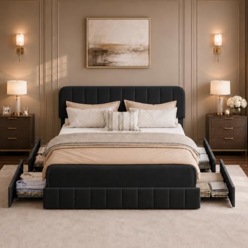 Garvee Queen Size Velvet Bed Frame with 4 Storage Drawers, Upholstered Platform Bed with Vertical Channel Tufted Adjustable Headboard, No Box Spring Needed, Easy Assembly, Black | Plush Velvet Comfort, Adjustable Tufted Headboard, Sturdy Slat Support, Qui