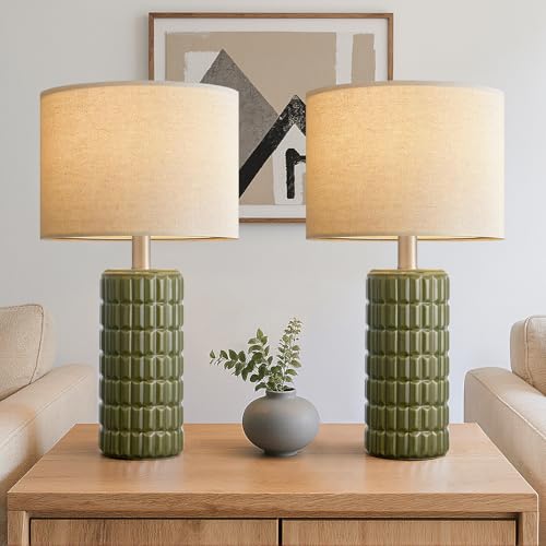 Seealle 23" Modern Ceramic Table Lamps Set of 2, Lamps for Bedroom, Green | Lamps for Living Room, Bedroom, Bedside, Night Stands, End Table, Desk, Farmhouse Home Decor - color: Green
