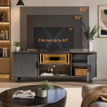 Lightdot 55" Fluted Small Gery TV Stand with Outlet & Fireplace Light | Media Console with Storage, Mid Century Cabinet Fits 55-65" TV, for Living Room/Bedroom/Sofa Cabinet,Easy Assembly - color: Gray-mirror/55"