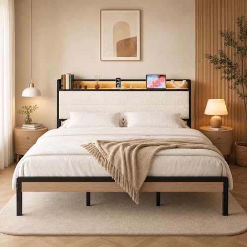 LIKIMIO King Size Bed Frame with Headboard, LED Lights and Charging Station | Upholstered sherpa storage headboard with LED & charger; heavy-duty slats; noise-free; modern elegance; natural and cream - color: Natural and Cream, size: King
